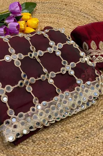 Maroon soft fandy sattin silk with mirror work lace border saree