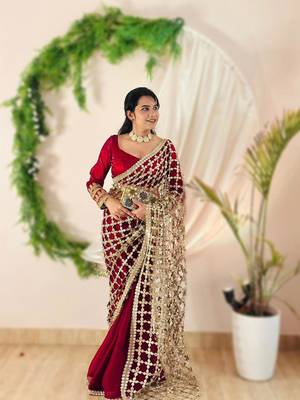 Pink soft fandy sattin silk with mirror work lace border saree 1