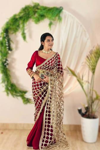 Pink pure soft fandy sattin silk with real mirror work lace border saree