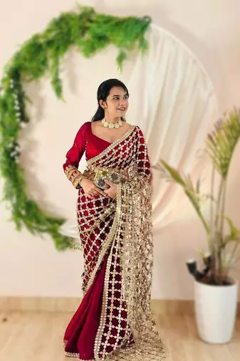 Pink pure soft fandy sattin silk with real mirror work lace border saree