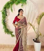 Pink soft fandy sattin silk with real mirror work lace border saree