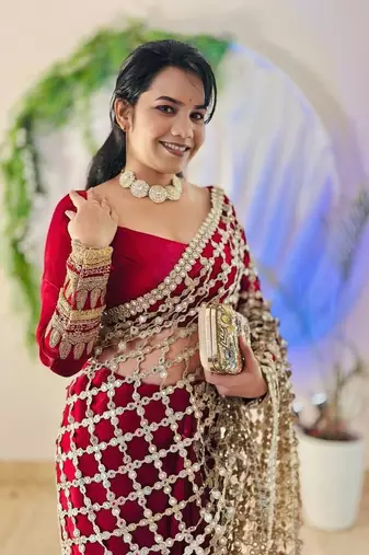 Pink soft fandy sattin silk with mirror work lace border saree