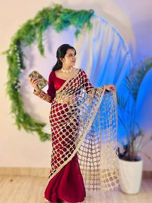 Pink soft fandy sattin silk with mirror work lace border saree 3