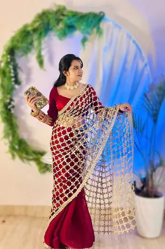 Pink soft fandy sattin silk with mirror work lace border saree