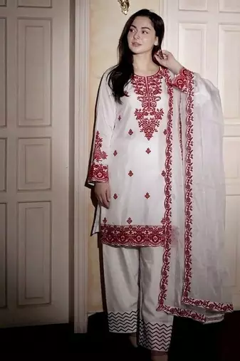 White reyon cotton embroidery thread work patiala suit