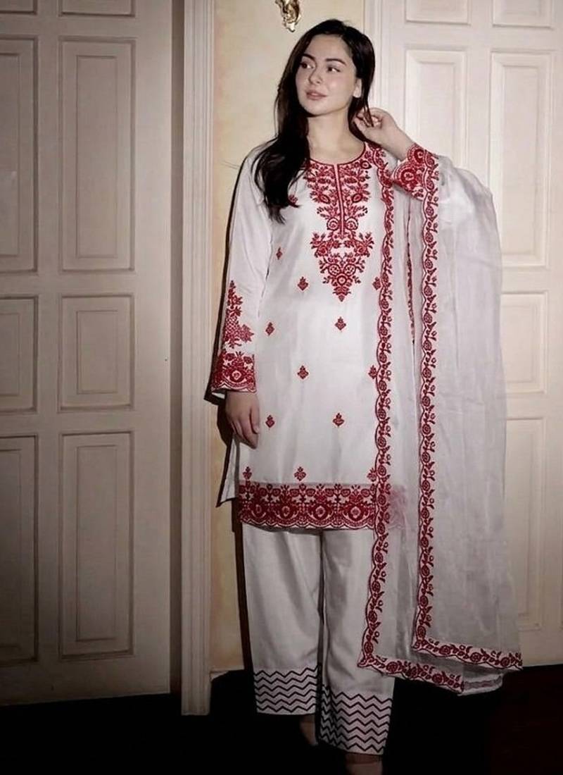 White reyon cotton embroidery thread work patiala suit