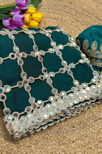 Sea green soft fandy sattin silk with mirror work lace border saree
