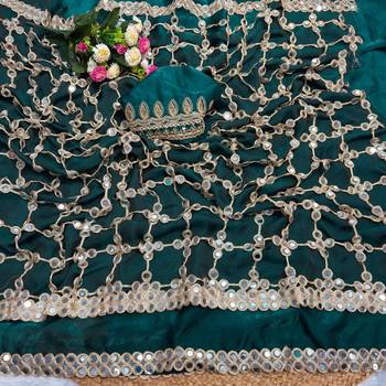 Sea green soft fandy sattin silk with mirror work lace border saree 3