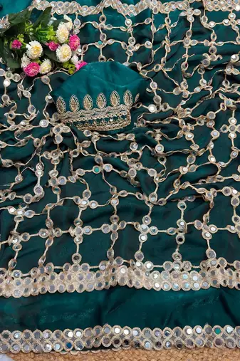 Sea green soft fandy sattin silk with mirror work lace border saree