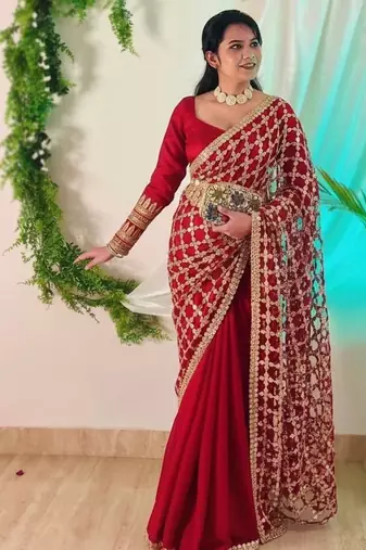 Red pure soft fandy sattin silk with real mirror work lace border saree