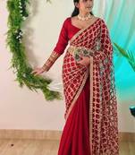 Red soft fandy sattin silk with real mirror work lace border saree