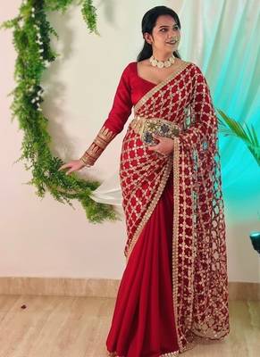 Red soft fandy sattin silk with mirror work lace border saree 2