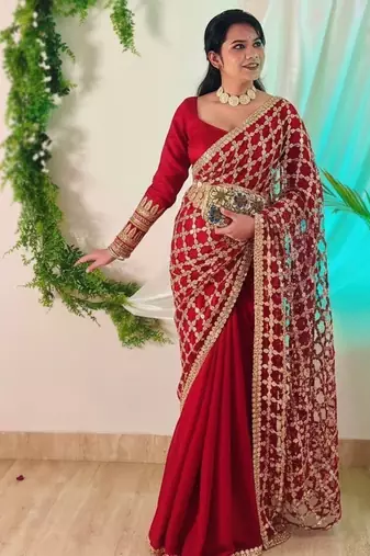 Red soft fandy sattin silk with mirror work lace border saree