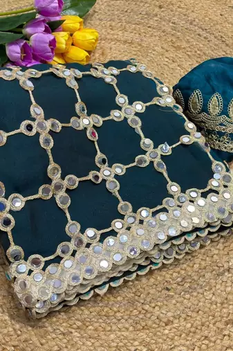 Teal pure soft fandy sattin silk with real mirror work lace border saree