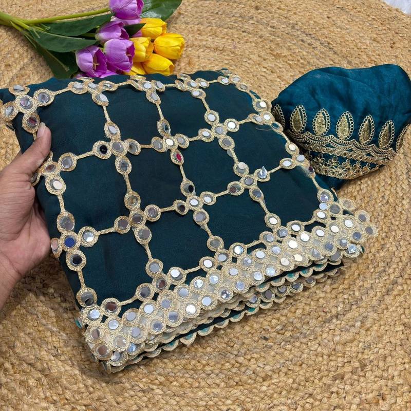 Teal pure soft fandy sattin silk with real mirror work lace border saree