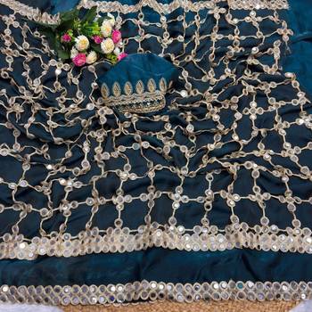 Teal soft fandy sattin silk with mirror work lace border saree 2