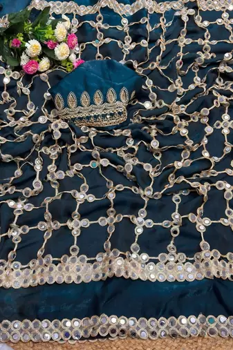Teal soft fandy sattin silk with mirror work lace border saree