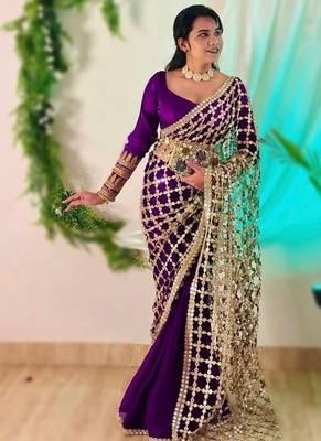 Wine soft fandy sattin silk with mirror work lace border saree 1
