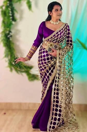 Wine pure soft fandy sattin silk with real mirror work lace border saree