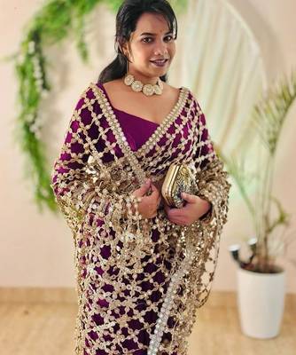 Wine soft fandy sattin silk with mirror work lace border saree 2