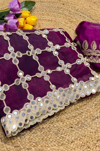 Wine soft fandy sattin silk with mirror work lace border saree