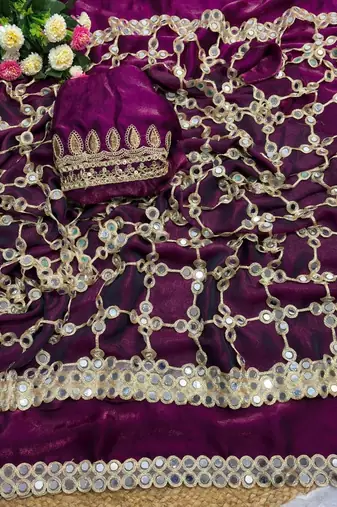 Wine soft fandy sattin silk with mirror work lace border saree