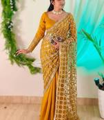 Yellow soft fandy sattin silk with real mirror work lace border saree