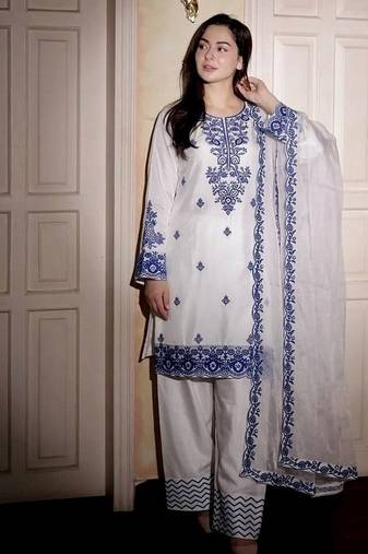 White reyon cotton embroidery thread work patiala suit
