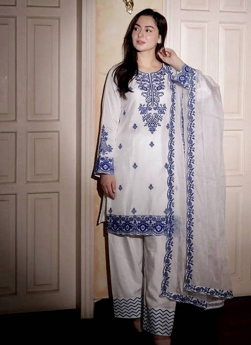 White reyon cotton embroidery thread work patiala suit