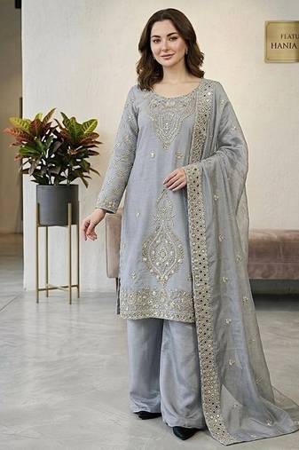 Grey silk blend embroidered beads work plazzo suit