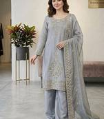 Grey silk blend embroidered beads work plazzo suit