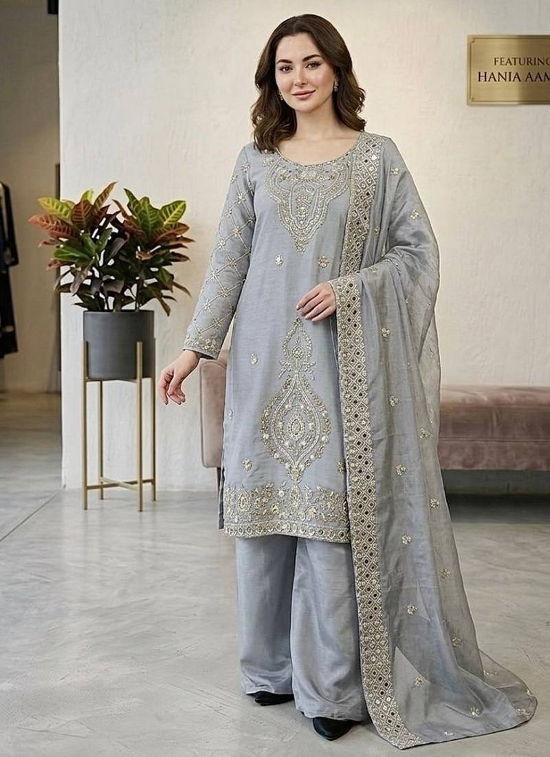 Grey silk blend embroidered beads work plazzo suit