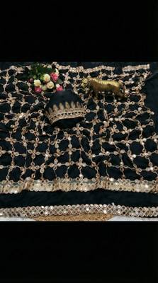 Black soft fandy sattin silk with mirror work lace border saree 2