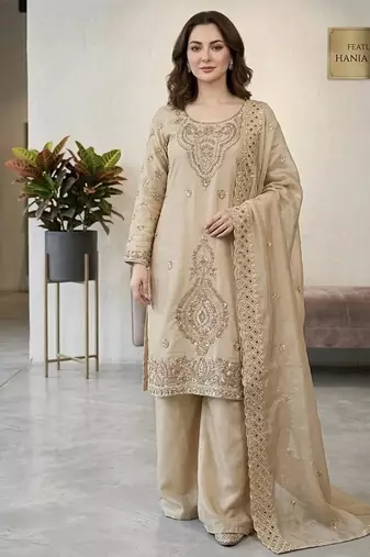 Grey silk blend embroidered beads work plazzo suit