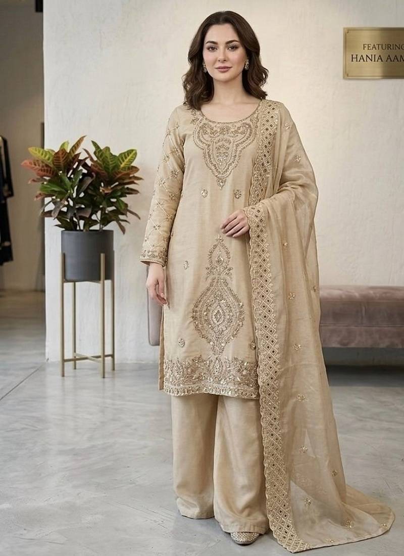 Grey silk blend embroidered beads work plazzo suit