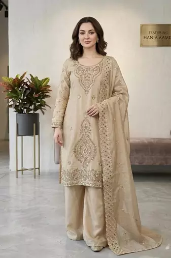 Grey silk blend embroidered beads work plazzo suit
