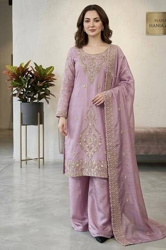 Lavender silk blend embroidered beads work plazzo suit