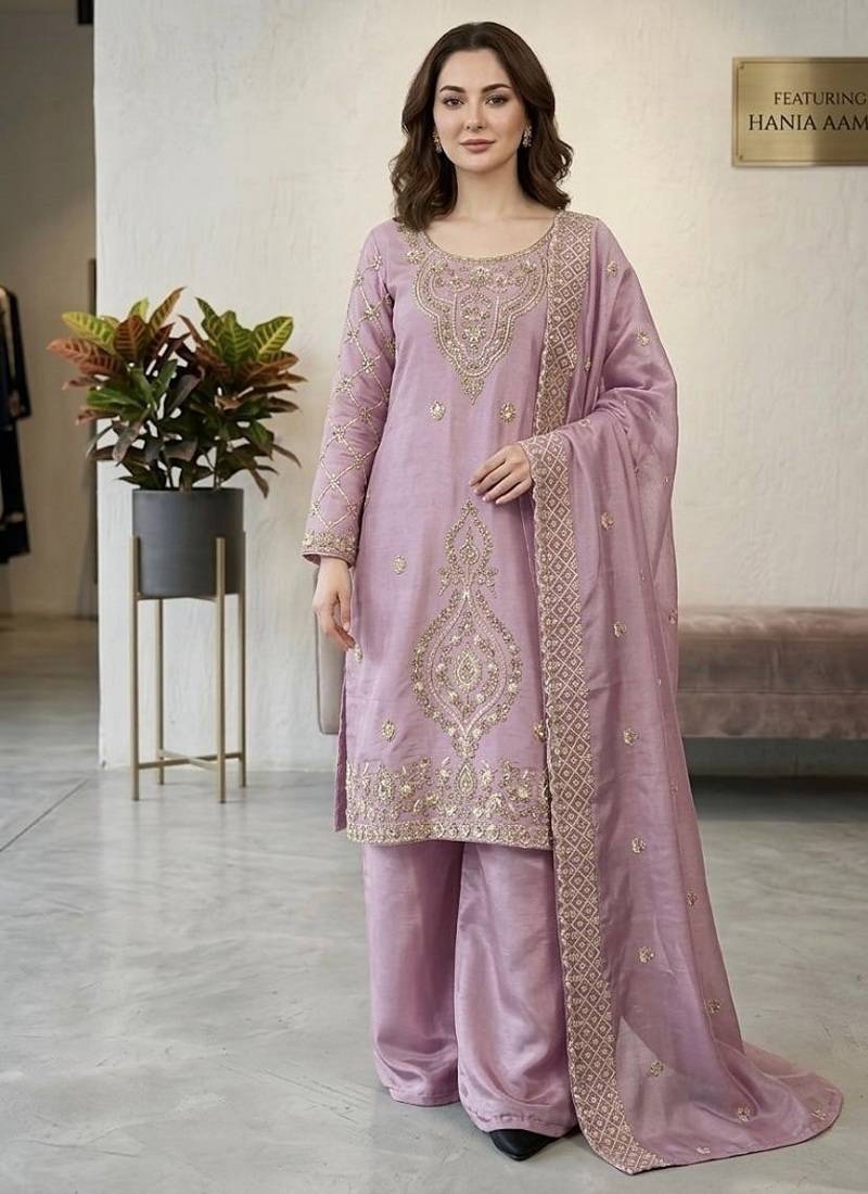 Lavender silk blend embroidered beads work plazzo suit