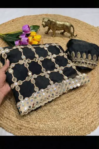 Black soft fandy sattin silk with mirror work lace border saree