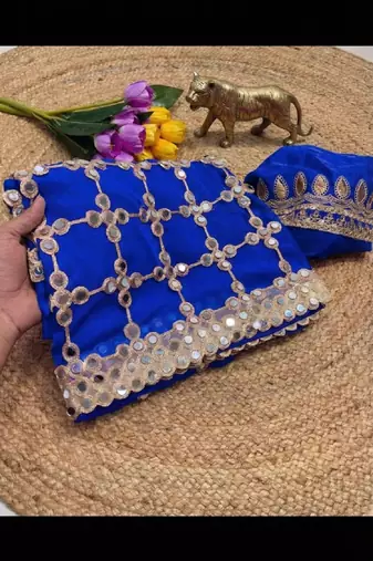 Blue soft fandy sattin silk with mirror work lace border saree