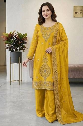 Yellow silk blend embroidered beads work plazzo suit