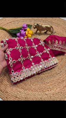 Pink soft fandy sattin silk with mirror work lace border saree 2
