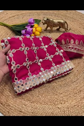Pink soft fandy sattin silk with mirror work lace border saree