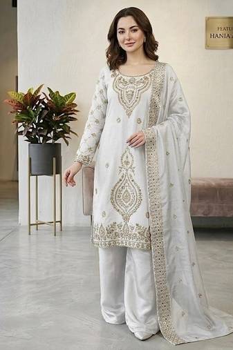 White silk blend embroidered beads work plazzo suit