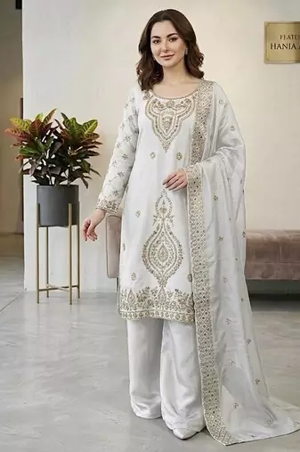 White silk blend embroidered beads work plazzo suit