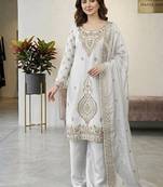 White silk blend embroidered beads work plazzo suit