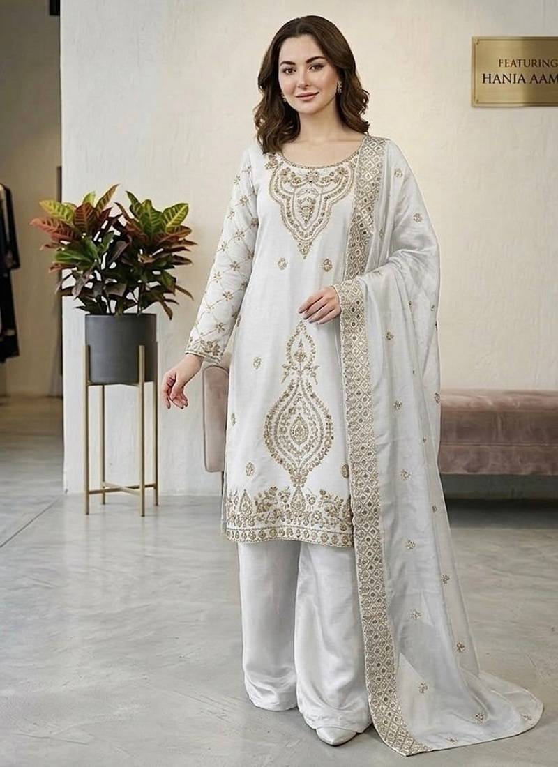 White silk blend embroidered beads work plazzo suit