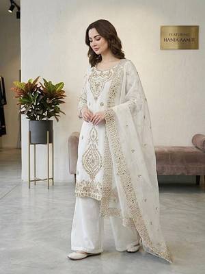 White silk blend embroidered beads work plazzo suit 3