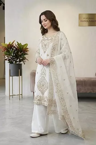 White silk blend embroidered beads work plazzo suit