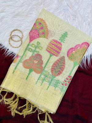 Cream Color floral weaving Cotton Saree 1